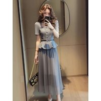 New Summer Korean Fashion Women's Suit High End Elegant Square Collar Slim Short Sleeve Top + High Waist Mesh Skirt 2 Piece Set