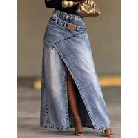 2026 New Irregular Split Denim Skirt Women Fashion Loose Double Waist Stitch Design A-Line Long Skirt Casual Street Jean Skirts