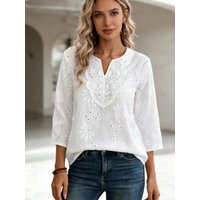 Fashion Women V-neck Hollow Out White Blouse Autumn Three-quarters Sleeve Loose Casual Shirt Embroidery Elegant Tops