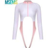 Womens One Piece Swimsuit Schoolgirl Swimwear Anime Bodysuit Long Sleeve Front Zipper Cutout Open-crotch Bathing Suit Jumpsuit