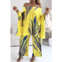 Plus Size Vacation Yellow Tropical Print Off The Shoulder Pocket Casual Two Piece Pant Sets