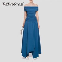 TWOTWINSTYLE Elegant Patchwork Folds Dresses for Women Slash Neck Off Shoulder High Waist A Line Solid Dress Female Fashion New
