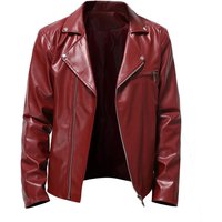 Men's Motorcycle PU Leather Jacket Fashionable Solid Color Slim Fit Zipper Long Sleeved Lapel Leather Jacket Men's Clothing
