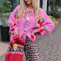 Cherry Jacquard Knitted Cardigan Jacket For Women 2025 Trendy Streetwear Lace-up Sweaters Coats