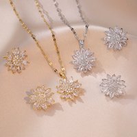 Stainless Steel Luxury Crystal Sun Flower Pendant Necklace for Women Exquisite Snowflake Collar Chain Earring Jewelry Colorfast