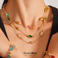 Chic Eye Shape Pendant Stainless Steel Necklace for Women Luxury Czech Glass Gold Plated Charm Wedding Banquet Jewelry
