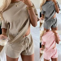 New Women 2 Pieces Striped Set Short Sleeve Summer Short Sleeved T-shirt And Shorts Set Home Wear Casual Loose Round Neck Pajama