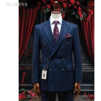 SILIWEYA Double Breasted Business Men's Suits Elegant Peak Lapel Slim Fit Male Clothing High Quality Stripe Male Clothing Blazer
