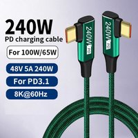 90° Elbow USB C To Type C Fast Charging Cable Braided Data Cord PD 240W 48V 5A High-Speed Transmission for Laptop Tablet Phone