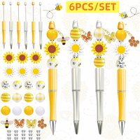 6PCS Spring Sunflower Themed DIY Bead Ballpoint Pen & Wooden Bead Set, With Bee Butterfly Alloy Pendant,Office&Study Supply
