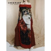 CHEERART Middle Ages Vintage Oil Painting Mesh Maxi Dress 2025 Woman Ruffles Off The Shoulder Long Sleeve Long Dress Women