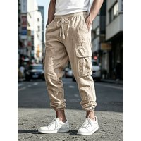 Men's Cotton Linen Cargo Jogger Pants Elastic Waist Drawstring Multi Pockets Casual Breathable Streetwear Trousers for Men