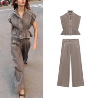 High Collar Sleeveless Elastic Waist Denim Vest Pleated Casual Wide Leg Pants Two Piece Set Spring Fashion Women's Outfit