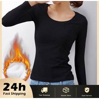 O Neck Long Sleeve Shirt Women Bottoming Cropped Tops Black Casual Slim Basic Velvet Heating Fiber Thermal T-Shirts 2025