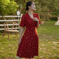 Women's Retro Red Floral Wrap Dress Summer V-neck Short Sleeve Midi Dress Plus Size
