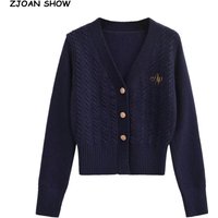 Preppy Style Twist Knit V neck Cardigan Women Full Sleeve Short Sweater Knitwear Navy blue Gray