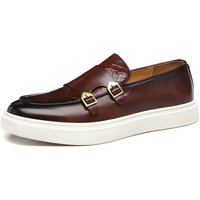 Men's Wide Width British Style Slip-On Loafers Genuine Leather Casual Shoes Buckle Detail Comfortable Soft Sole Fashion Sneakers