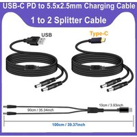 5V USB Type-C to Dual DC Splitter Cable USB C PD to DC 5.5x2.5mm Power Supply Cord for LED Strip TV BOX Camera Wireless Router