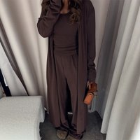 Three Pieces Women Pant Sets Solid Matching Sets Round Neck Tank Top Long Sleeves Coat Wide Leg Pants Loose Casual 2025 Summer