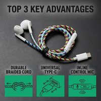 Type C 3.5mm Wired Earphones Braided Durable Cord Plug and Play Inline Mic One Click for Calls Music for Smartphone Tablet PC