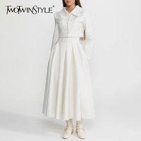 TWOTWINSTYLE Elegant Two Piece Sets for Women Lapel Long Sleeves Spliced Bead Top High Waist Patchwork Folds Skirt Set Female
