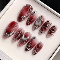 30Pcs False Nails Red with Silver Stripes Heart-Shaped Cat-Eye Design Press-On High-Quality Nails—Perfect As A Gift for Girls
