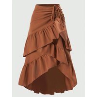 2025 summer new temperament elegant high waist splicing thin ruffle hem solid color skirt