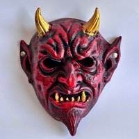 Halloween Red Devil Full Face Mask Golden Horn PU Gothic Satan Horror Mask Adult Cosplay Masquerade Carnival Party Dress Up Prop