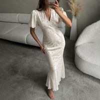 TARUXY Stylish Floral-Print Dress Women V-Neck Puff-Sleeve Slim Long Gown Printed Dress 2026Summer New Female Casual Party Dress