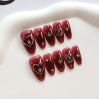 10Pcs French Style Burgundy Halation with Diamond Press on Nails Women Elegant Heart Shape Simple Nail Patch False Nails Art