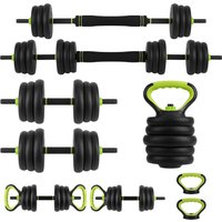 4-in-1 Komplett-Kraftset 20 kg: Verstellbare Kurzhantel, Langhantel, Kettlebell & Push-up-Griffe – kompakt, leise & rutschfest für Ihr Home Gym
