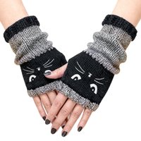 Winter Warm Gloves, Cat Embroidery Patchwork Knitted Gloves, Fashionable Fingerless Casual Women Gloves New Year Gifts