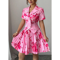 Women Floral Blazer Outfit Short Sleeve Lapel Pleated Mini Skirt Set Elegant Vintage Rose Print Party Ensemble Dating & Evening