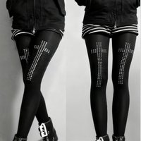 Vintage 2000er Jahre Strass Kreuz Strumpfhosen Hosen Spicy Girls Schwarz Ästhetik Hip-Hop Street Casual Damen Y2K Stil Cosplay Strumpfhosen