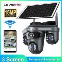 LS VISION Multiple Lens 3 Screen Wifi Outdoor Security Solar Camera Panoramic Monitor Mobile Siren Alarm Solar CCTV Camera