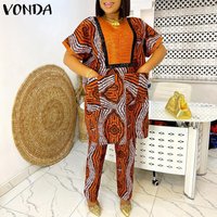 VONDA 2026 Summer Bohemian Women Printed Pant Sets Two Piece Sets V-Neck Short Sleeve Loose Sets Pockets Vintage Suits Oversized