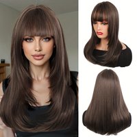 synthetic long 20inch Brown Black Hair Wig With Bangs, Elegant Natural Look Long layered Straight For Daily, Party, Holiday, And