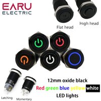 12mm Alumina Black Flat High Head Waterproof Metal Push Button Switch LED Light Momentary Latching Car Engine PC Power Switch 5V