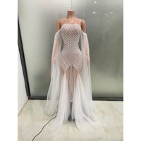 STOCK White Women Pearls Strapless Sexy See-Through Luxury Floor-Length Dress Celebrate Birthday Party Mermaid Photo Shoot Dress