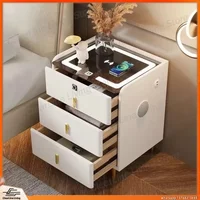 Modern Nightstand with Wireless Charging 3 Drawers Fingerprint Lock LED Light Bedside Table for Bedroom Home Office Storage