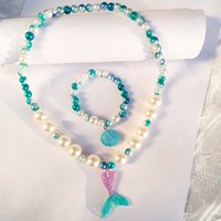 Ocean shell bracelet colorful fishtail necklace gradual change color pearl mermaid children's bracelet necklace set wholesale