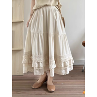 2026 Japan Style Mori Girl Lace Retro Cotton Skirt Women Autumn Spring Elastic Waist Lace Embroidered long Skirts