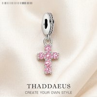 Pink Stone Cross Charm Pendant 925 Sterling Silver New DIY Jewelry Romantic Accessories For Women