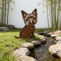 2D Flat Vintage Rusty Iron Yorkshire Terrier Garden Stake, Rustic Outdoor Yard Art Statue, Cute Decor& Funny Gift for Dog Lovers