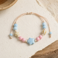 Handmade Ceramic Star Bracelet Colorful Beaded Wax Cord Braided Adjustable 12-24cm Boho Gift for Women S04-0031