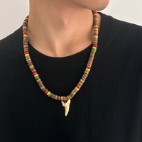 KunJoe Vintage Brown Wood Beaded Choker Necklace for Men Punk Shark Tooth Pendant Necklace 2025 Fashion Male Neck Jewelry