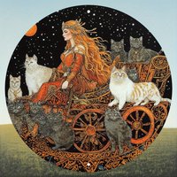 2D Flat - 1pc Vintage Freyja & Cat Metal Wall Art - 8" Round Iron Sign, Norse Goddess with Cart Pulling by Cats