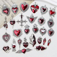 3PCS Red Color Enamel New Gothic Style Sacred Heart Cross Skull Alloy Pendant DIY Charms Earrings Necklace Jewelry Crafts Making