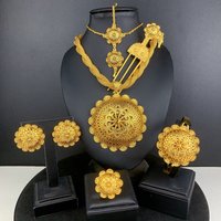 Ethiopian 24k Gold Color 6pcs Jewelry Sets For Women Wedding Luxury Dubai Big Flower Shape Nigerian Necklace Jewellery Set Gift