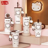 X&W Cute Hello Kitty Thermos Cup With ornament Stainless Steel Straw Cup Hot & Cold Car Cup Suitable for Outdoor/Office/Home